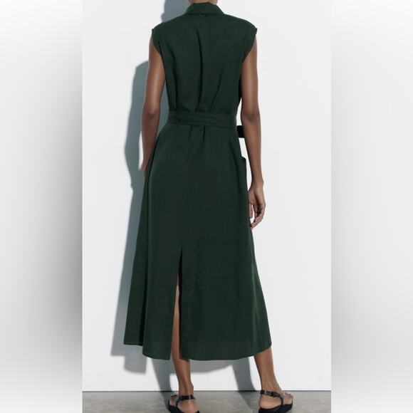 Zara Green Linen Blend Sleeveless Belted Midi Dress - Picture 5 of 9